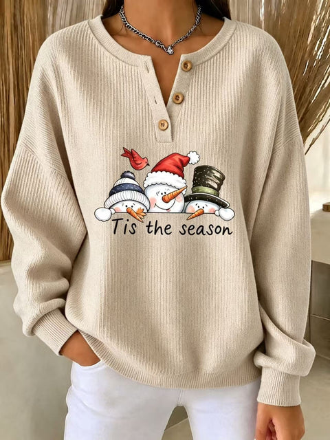 Christmas snowman carrot nose print women's button sweater FF303494