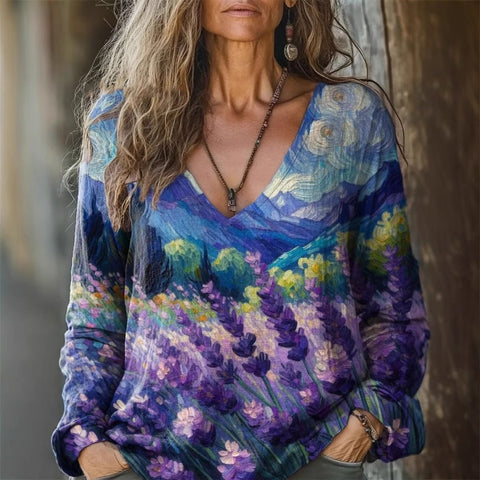 Casual V-Neck Long Sleeve Pullover Digital Printing Women's Upper T-Shirt FF303120