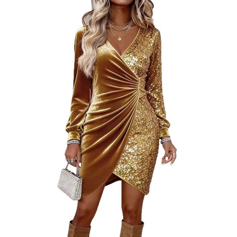 New sexy fashion V-neck sequined velvet slim dress m302283