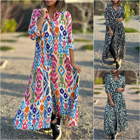 Elegant square neck long sleeve printed shirt skirt dress m302321