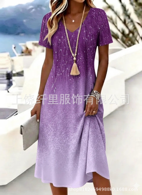 Printed women's v-neck short-sleeved temperament fashion dress m303046