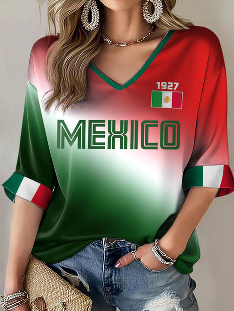 Down shoulder V-neck seven-quarter sleeve 3D printed women's top T-shirt m302844
