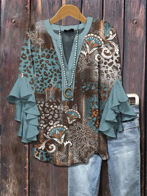 Creative floral element printing digital printing casual trend V-neck lotus edge horn T-shirt m302747