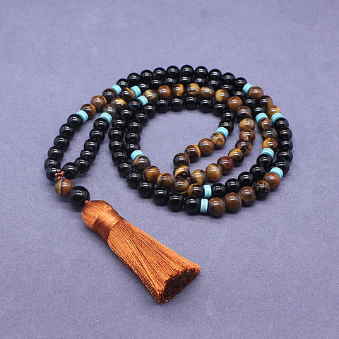 108 Rosenkranzperlen aus natürlichem Achat, Tigerauge, Pulloverkette mit Fransen, m3331292