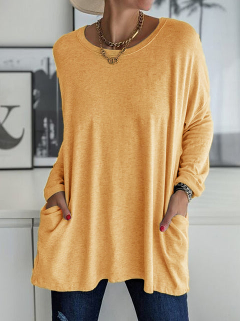 Rundhalsausschnitt Langarm lose Tasche einfarbig T-Shirt lässig Damenbekleidung m301315 