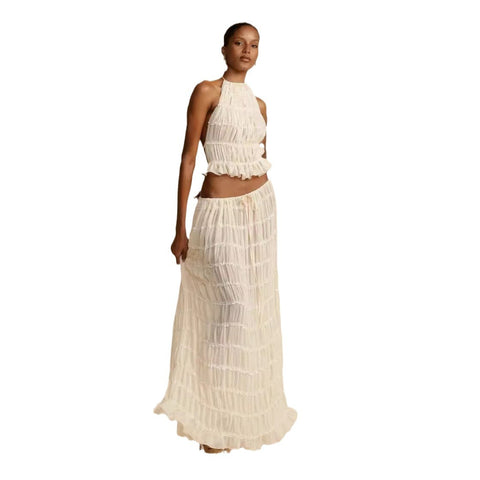backless neck sling drawstring chiffon pleated long skirt two-piece set m301879