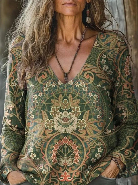Casual V-Neck Long Sleeve Pullover Digital Printing Women's Upper T-Shirt FF303120