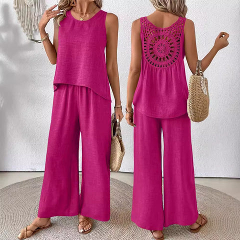 Frühling und Sommer einfarbig hohle Spitze zweiteilige Mode lässig Weste breite Beinhosen Hose m301367 