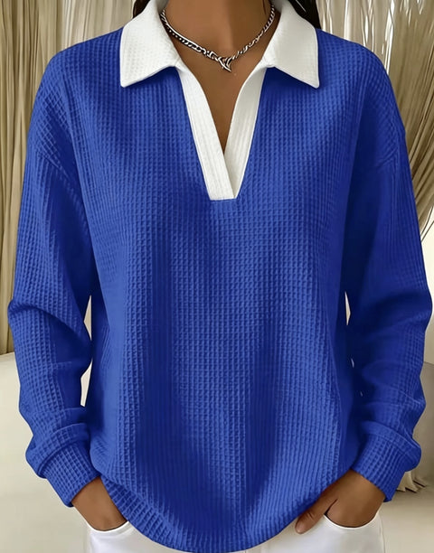 Waffle Contrast Long Sleeve Polo Top Women's m303233
