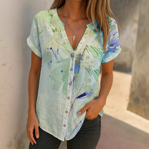 Casual short-sleeved V-neck cardigan digital printed shirt FF303108