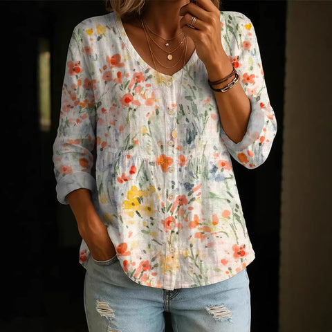 Crew Neck Women's Floral 3D Printed Henley Shirt FF303180