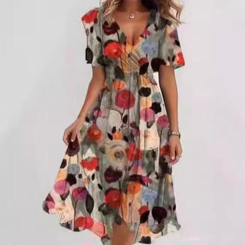 Loose casual comfortable V-neck floral dress m302907