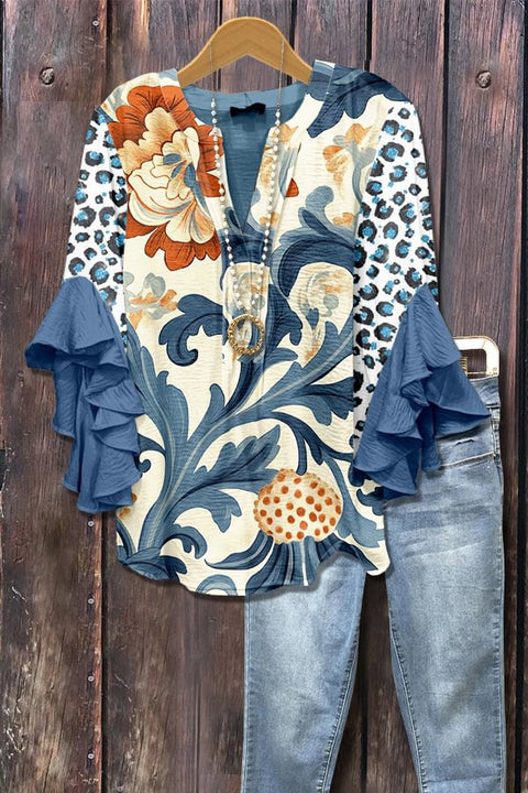 Creative floral element printing digital printing casual trend V-neck lotus edge T-shirt m301358