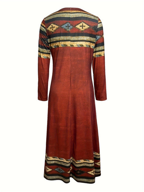Geometric printing round neck long dress retro ethnic long dress m300711