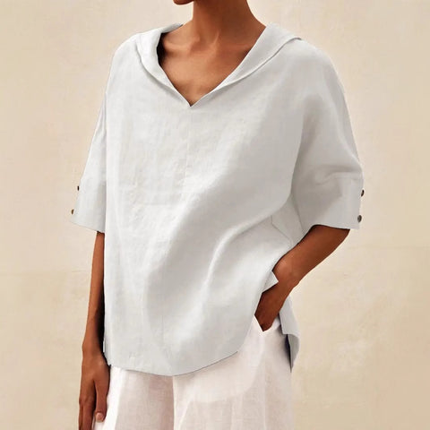 Einfarbiges, lockeres T-Shirt aus Baumwolle und Leinen für Damen mit Kapuze m301294 