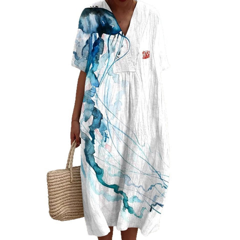 Large size women's shirt short-sleeved dress floral seaside vacation dress m302744