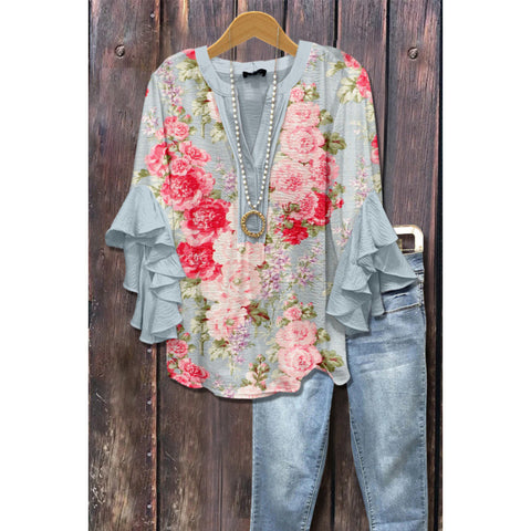 Floral element printing digital printing casual trend V-neck lotus edge T-shirt women's upper m302746