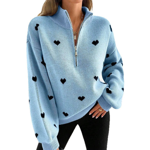 Foreign trade knitted long-sleeved love pattern zipper sweater FF303299