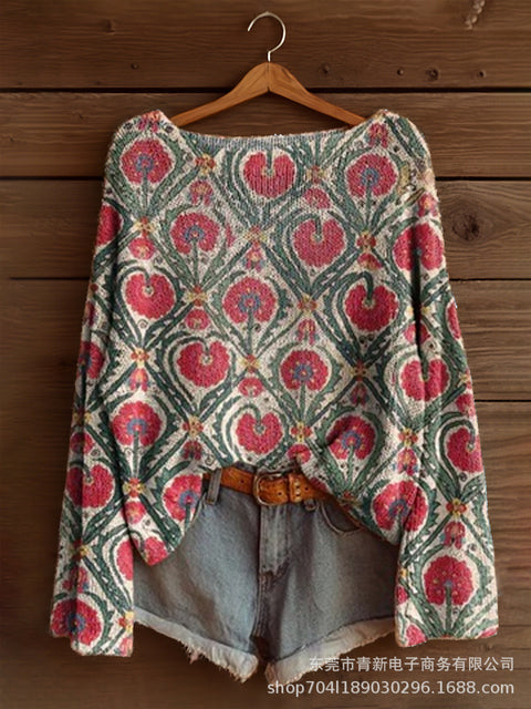 Vacation print casual cape top crew neck knitted sweater m302130