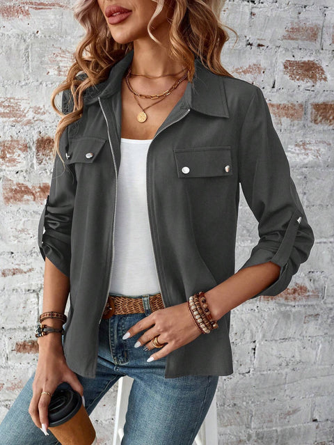 Revers Reißverschluss Strickjacke Handtasche Hut einfarbig Langarmjacke m300675 