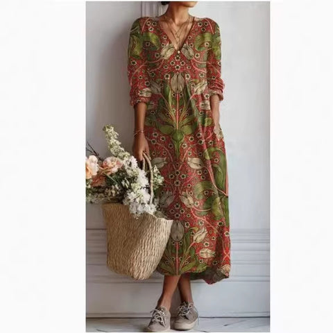 Women's loose V-neck fashion high-end long-sleeved printed collar dress m302766