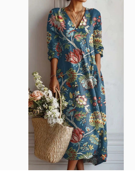 Women's loose V-neck fashion high-end long-sleeved printed collar dress m302766