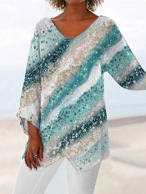T-shirt ample à manches 3/4 et col en V pour femme, imprimé animalier et paysage naturel, m301289 