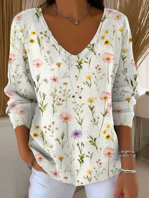 Shoulder V-neck long-sleeved autumn leaf 3D digital printing women's top FF303401