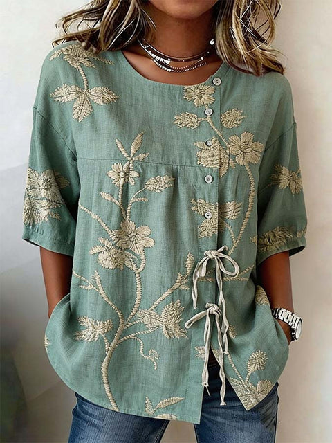 Ladies casual digital print lace-up shirt m302711