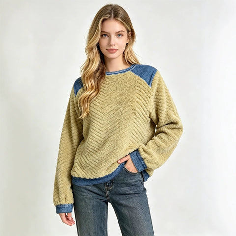 Herringbone embossed plush sweater spliced fake two-piece loose pullover top FF303354