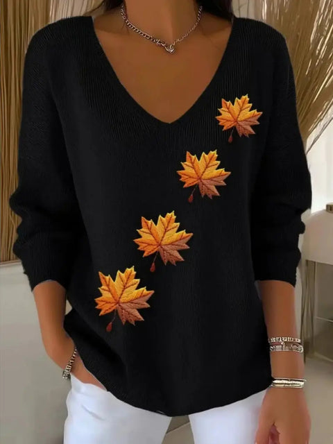 Shoulder V-neck long-sleeved autumn leaf 3D digital printing women's top FF303401