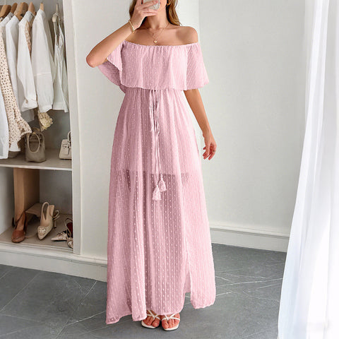 Robe longue élégante à manches courtes et col rond pour femme, style tube, taille haute, m301405 