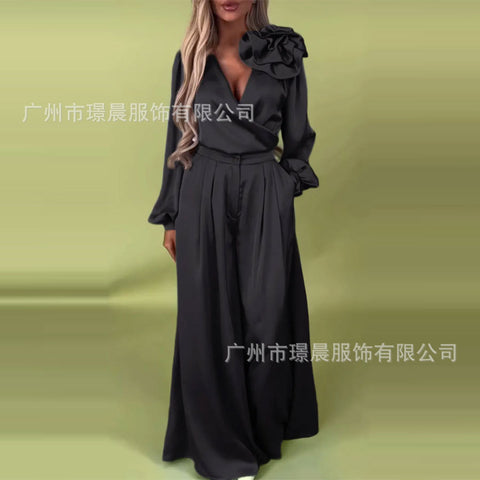Women's Luxury Elegant V-Neck Satin Long Sleeve Top Wide Leg Pants Set m302297