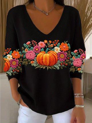 Shoulder V-neck long-sleeved autumn leaf 3D digital printing women's top FF303401