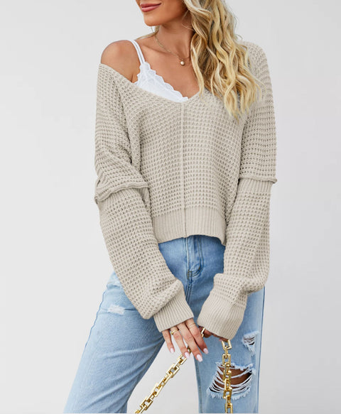 V-neck solid color off-the-shoulder loose hot-selling knitted sweater FF303369