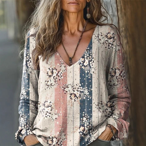 Casual V-Neck Long Sleeve Pullover Digital Printing Women's Upper T-Shirt FF303120