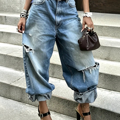 Jeans Fashion Washed Ripped Wide Leg Pants FF303448