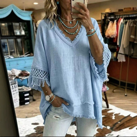 Loose V-neck fringed versatile top m303223