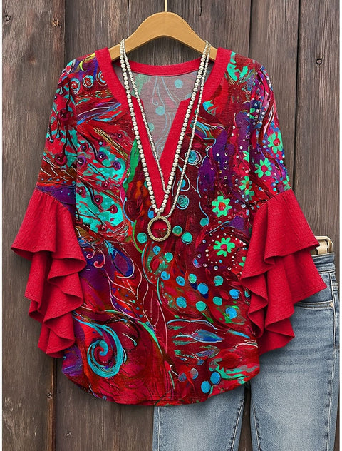 Creative floral element printing digital printing casual trend V-neck lotus edge T-shirt m301352