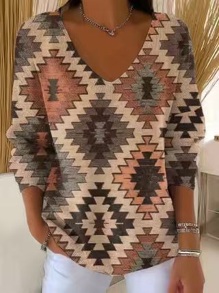 Shoulder V-neck long-sleeved autumn leaf 3D digital printing women's top FF303401