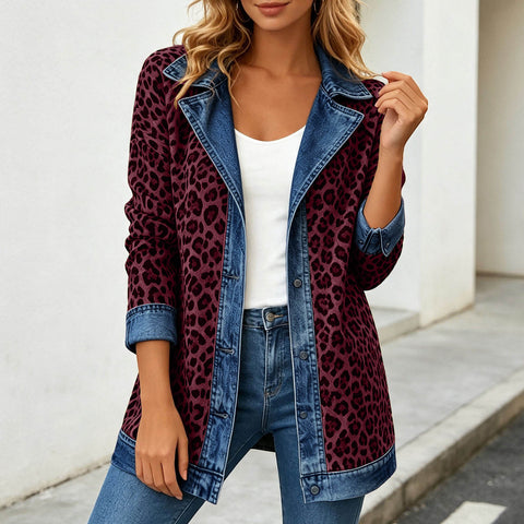 Leopard print denim jacket women's long-sleeved casual cardigan autumn loose jacket FF303339