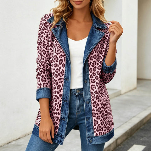Leopard print denim jacket women's long-sleeved casual cardigan autumn loose jacket FF303339