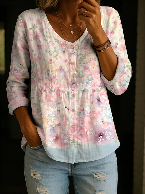 Crew Neck Women's Floral 3D Printed Henley Shirt FF303180