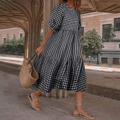 Robe ample décontractée à carreaux et manches longues m301460 