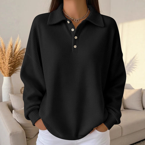 Loose solid color lapel versatile polo shirt waffle long sleeve women's top m302256