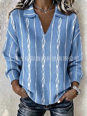 Digital Printed Women's Christmas Lapel Long Sleeve Solid Color Knitted Fleece Sweater FF303269
