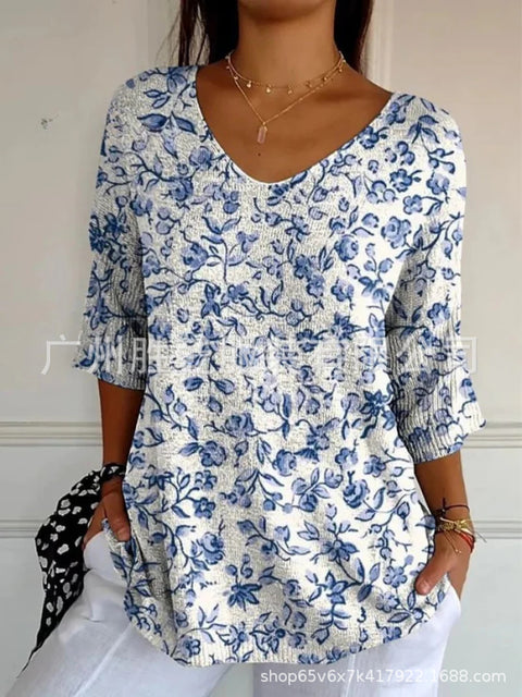 V-neck 3D printed geometric pattern five-quarter sleeve T-shirt top m302777