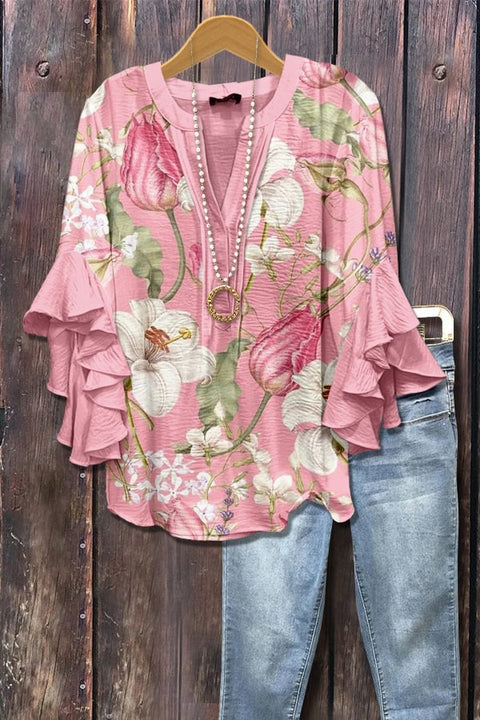 T-shirt à col en V et bordure lotus, imprimé floral créatif, impression numérique, tendance décontractée, m301358 