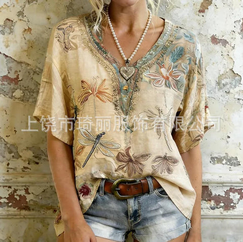 Imitation hemp V-neck shoulder-down short-sleeved top women's FF303345