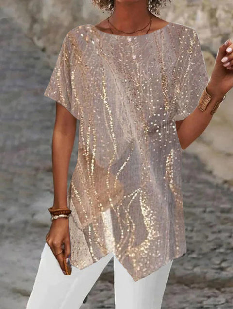 Geometric printing loose short-sleeved irregular hem T-shirt m302490